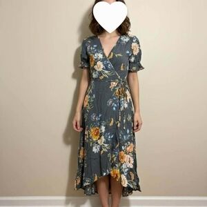 Day After Day Chic Floral High Low Wrap- Dress in Gray and Orange